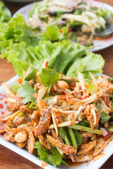 Herb salad with deep fried fish and shrimp (Thai fusion  food)