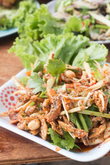 Herb salad with deep fried fish and shrimp (Thai fusion  food)
