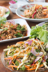 Herb salad with deep fried fish and shrimp (Thai fusion food)