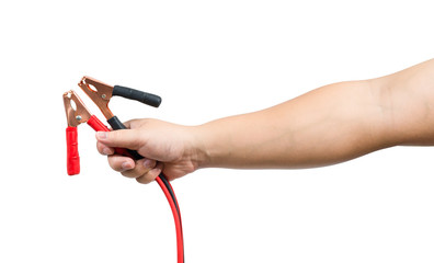 jumper cables in male hand isolated on white