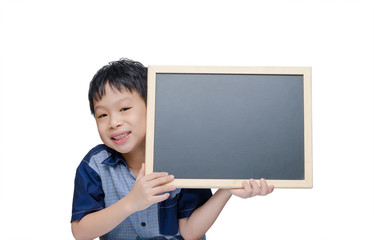 Young Asian boy smile with chalkboard over white background