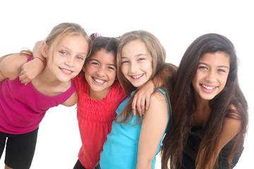 multiethnic group of happy girls on white background