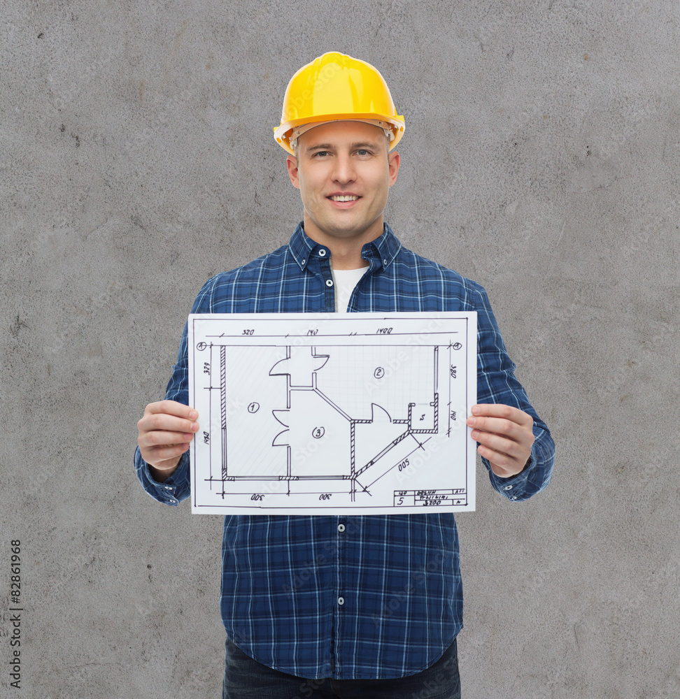 Canvas Prints smiling male builder in helmet with blueprint