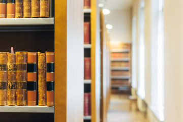 Old Vintage Books On Wooden Shelfs In Library