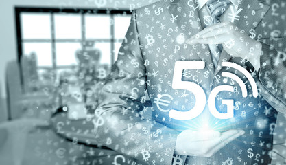businessman holding in hand 5G, technology background