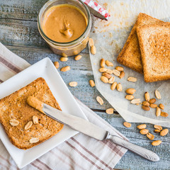crispy toast with peanut butter, bananas, breakfast, top view