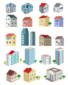 Set of 3d detailed buildings with different types of perspective