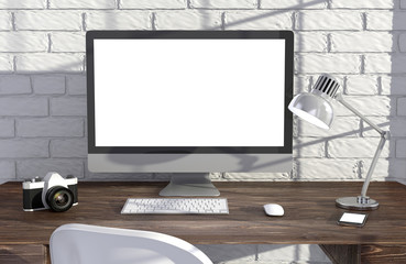 3D illustration PC screen on table near brick wall Workspace