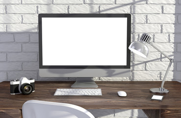 Fototapeta premium 3D illustration PC screen on table near brick wall Workspace