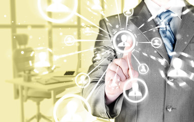 man hand pressing social media icon