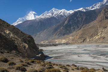 view of the Himalayas (Dhaulagiri) and the village of Jomsom