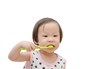 Little Asian girl cleansing her tooth by toothbrush over white b