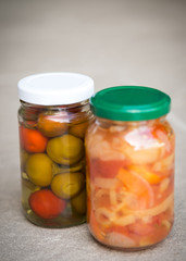 Jars of organic pickled vegetables. Clean eating concept