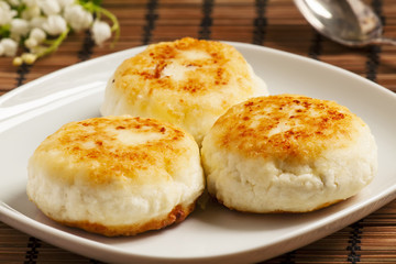 Homemade cottage cheese pancakes, selective focus