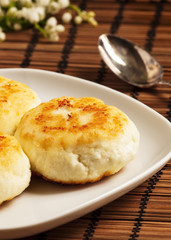 Homemade cottage cheese pancakes, selective focus