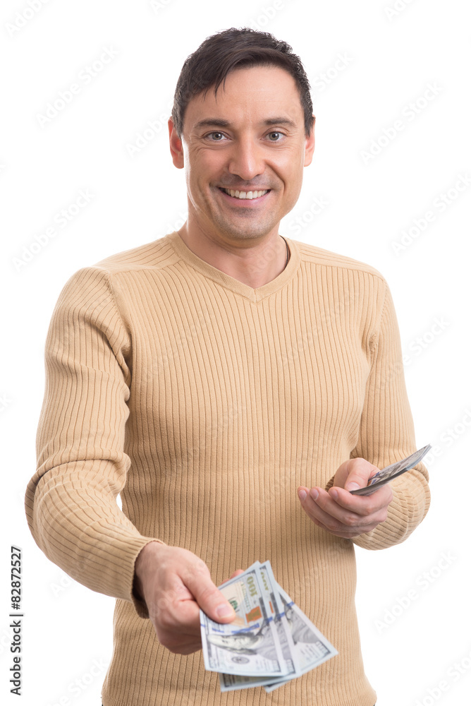 Wall mural smiling young man giving dollar bills