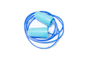 blue ear plugs on white background