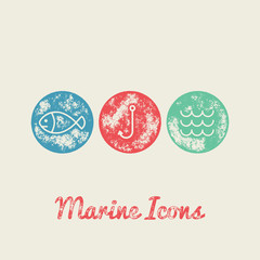 Fish, Fishing Hook, Waves  Marine Retro Icons