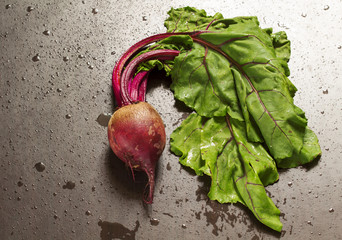 Fresh organic beetroot with tops, selective focus