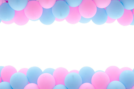 Pink and blue balloon frame over white background