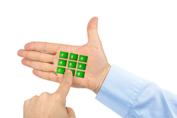 Hand with virtual phone buttons
