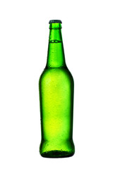 Green bottle of beer with drops on white background