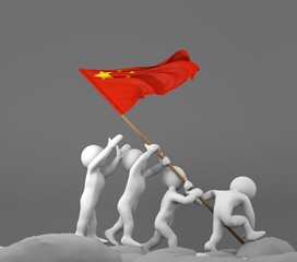 Four characters holding China flag