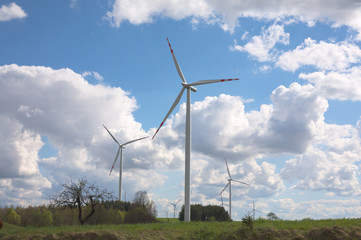 wind turbine landscape blue sky green grass