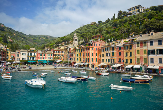 Colorful harbor of Portofino village. View from harbour