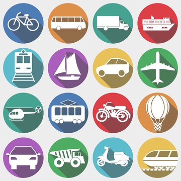 Icons Vehicles with Long Shadow, Transport. Vector illustration