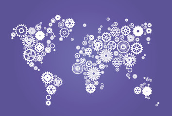 world map composed of gears, wheels on a blue background - 82884168