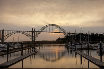 Newport, Oregon bridge at sunset.
