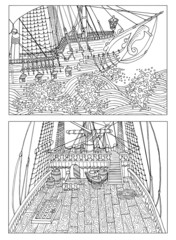 Black and white drawings of sailing ships deck with details