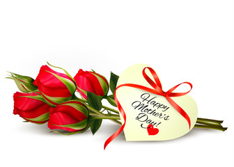 Three red roses with a heart-shaped Happy Mother's Day note and