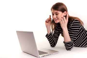 Cute Woman with PC Hand Raised Good News Stock Image