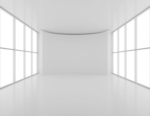 Large arched screen in an empty white room with large windows