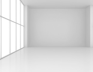Clean and empty white room with large windows