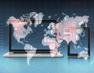 Open the laptop and tablet standing next to a world map