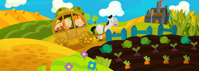 Cartoon scene of a royal carriage traveling to a beautiful castle - illustration for children