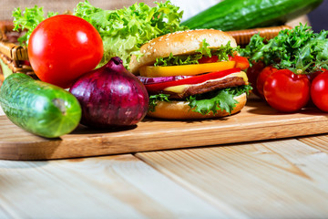 homemade hamburger with fresh vegetables, close up