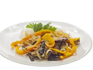 fried eggplants with baby shrimps and rice