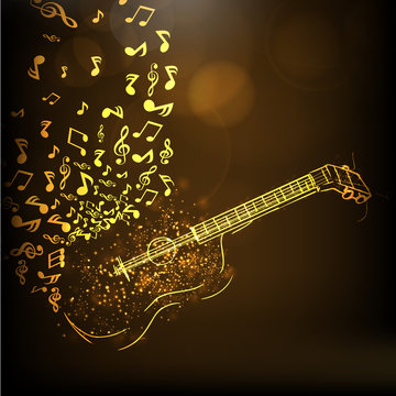 Golden illustration of a guitar for music concept.