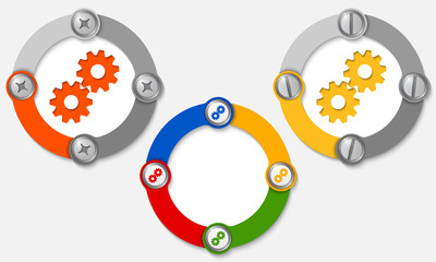 Set of three colored frames and cogwheels