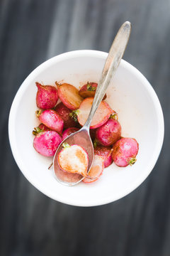 Closeup of Roasted Radishes in a Small Bowl