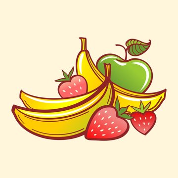 Vector Fruits. Bananas, strawberry and apple. line art