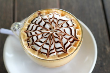 Hot latte coffee in glass