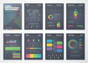 Black background infographic brochures with flat colorful style