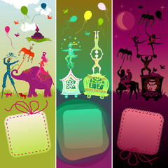 set of 3 cards with funny circus caravan