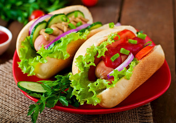 Hotdog with ketchup, mustard, lettuce and vegetables 