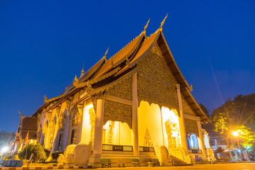 Main church of Wat Jedi Luang during twilight period in Chiangma